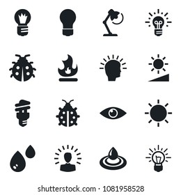 Set of vector isolated black icon - bulb vector, lady bug, fire, sun, eye, brightness, desk lamp, water, energy saving, shining head, idea