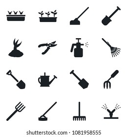 Set of vector isolated black icon - job vector, garden fork, shovel, farm, rake, watering can, sproute, pruner, seedling, hoe, sprayer, irrigation