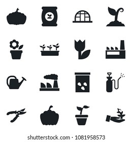 Set of vector isolated black icon - factory vector, flower in pot, seedling, watering can, sproute, pruner, pumpkin, greenhouse, seeds, garden sprayer, fertilizer, tulip, palm