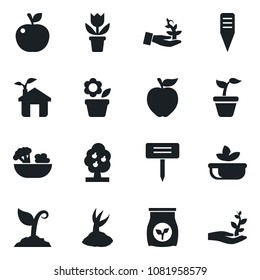 Set of vector isolated black icon - flower in pot vector, seedling, sproute, plant label, fertilizer, fruit tree, salad, apple, eco house, palm