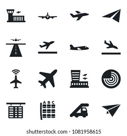 Set of vector isolated black icon - plane vector, runway, radar, departure, arrival, ladder car, seat map, flight table, airport building, paper