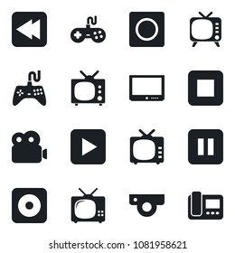 Set of vector isolated black icon - tv vector, gamepad, play button, pause, stop, rewind, rec, record, video, web camera, intercome