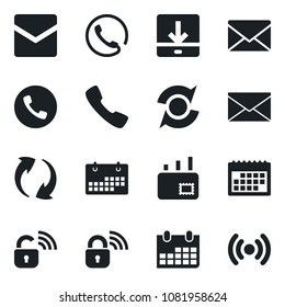 Set of vector isolated black icon - phone vector, mail, calendar, call, update, download, wireless lock