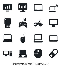 Set of vector isolated black icon - wireless notebook vector, mouse, pc, statistic monitor, gamepad, laptop, usb flash