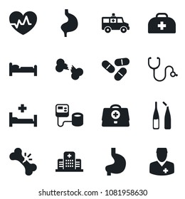 Set of vector isolated black icon - bed vector, heart pulse, doctor case, stethoscope, blood pressure, pills, ampoule, ambulance car, hospital, stomach, broken bone