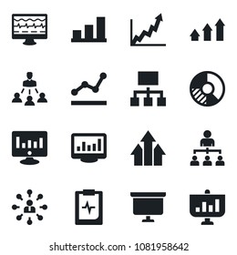 Set of vector isolated black icon - hierarchy vector, presentation board, statistic monitor, circle chart, pulse, clipboard, statistics, bar graph, point, arrow up, growth