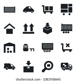 Set of vector isolated black icon - truck trailer vector, cargo container, car delivery, sea port, consolidated, warehouse storage, up side sign, no trolley, package, search, moving