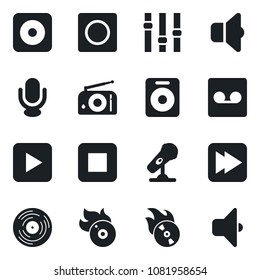 Set of vector isolated black icon - vinyl vector, flame disk, microphone, radio, settings, speaker, play button, stop, fast forward, rec, record, sound