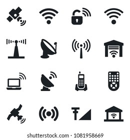 Set of vector isolated black icon - antenna vector, wireless notebook, office phone, satellite, remote control, cellular signal, lock, garage gate