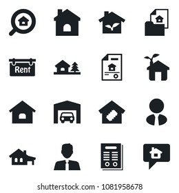 Set of vector isolated black icon - house vector, contract, with garage, tree, estate document, rent, search, agent, smart home, eco, message