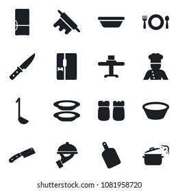 Set of vector isolated black icon - fridge vector, cook, restaurant table, cafe, plates, waiter, salt and pepper, ladle, bowl, rolling pin, cutting board, knife, steaming pan