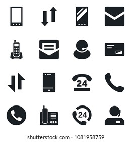 Set of vector isolated black icon - phone vector, office, 24 hours, support, cell, radio, mail, mobile, call, data exchange
