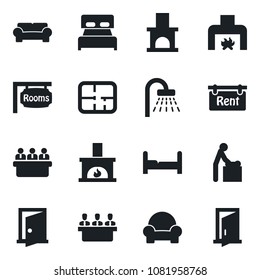 Set of vector isolated black icon - baby room vector, shower, meeting, fireplace, plan, rent, rooms, bedroom, cushioned furniture, door