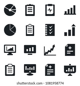 Set of vector isolated black icon - growth statistic vector, monitor, diagnosis, pulse clipboard, statistics, bar graph, pie, checklist, presentation