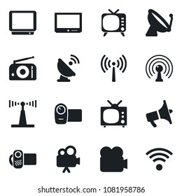 Set of vector isolated black icon - antenna vector, satellite, radio, loudspeaker, tv, video camera, wireless