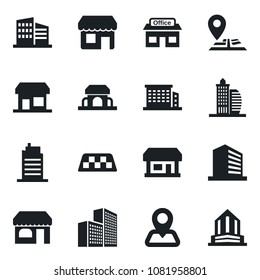 Set of vector isolated black icon - taxi vector, shop, office building, navigation, store, city house, cafe, storefront