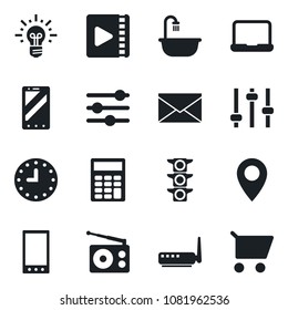 Set of vector isolated black icon - mobile phone vector, mail, pin, traffic light, clock, radio, tuning, video, calculator, notebook pc, bathroom, router, idea, cart