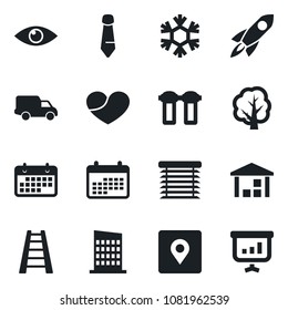 Set of vector isolated black icon - tie vector, ladder, tree, eye, car delivery, term, warehouse, heart, place tag, city house, snowflake, water filter, jalousie, rocket, calendar, presentation