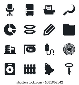 Set of vector isolated black icon - pencil vector, circle chart, sickle, dropper, vinyl, speaker, bell, folder, document, office chair, rent, building, plates, radiator, fridge, tie