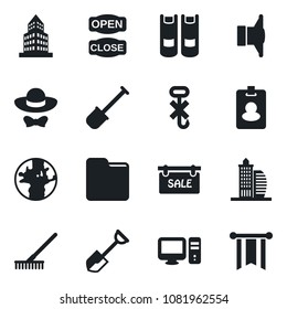 Set of vector isolated black icon - book vector, shovel, rake, earth, no hook, speaker, folder, office building, sale, dress code, open close, pc, pass card, pennon