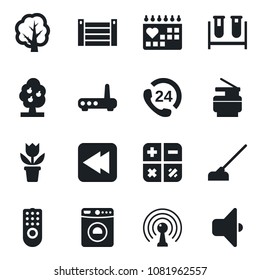 Set of vector isolated black icon - washer vector, calculator, flower in pot, tree, hoe, blood test vial, medical calendar, 24 hours, container, antenna, rewind, copier, fruit, remote control, sound
