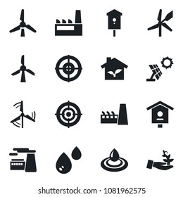 Set of vector isolated black icon - factory vector, bird house, target, windmill, eco, water, sun panel, palm sproute