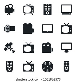 Set of vector isolated black icon - reel vector, satellite, tv, video camera, remote control, monitor