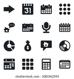 Set of vector isolated black icon - right arrow vector, calendar, circle chart, microphone, menu, calculator, home message, money bag