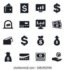 Set of vector isolated black icon - credit card vector, ticket office, dollar sign, money bag, statistic monitor, cash, receipt, wallet, investment
