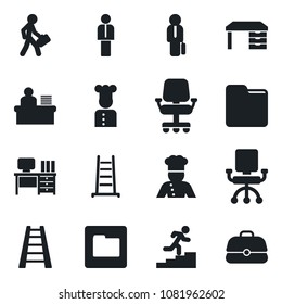Set of vector isolated black icon - manager vector, desk, ladder, folder, career, cook, office chair, case