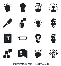 Set of vector isolated black icon - speaking man vector, pen, brainstorm, bulb, wine card, hot dog, energy saving, shining head, idea