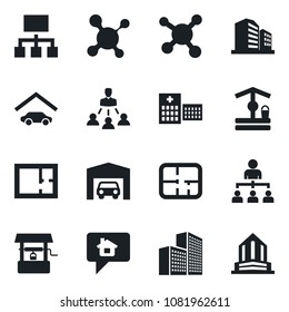 Set of vector isolated black icon - hierarchy vector, well, molecule, hospital, office building, garage, plan, home message