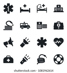 Set of vector isolated black icon - hose vector, heart pulse, doctor case, ambulance star, car, hospital bed, loudspeaker, torch, crisis management