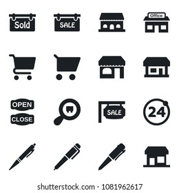 Set of vector isolated black icon - 24 around vector, shop, pen, store, search cargo, sale, sold signboard, cafe building, open close, cart, storefront
