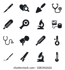 Set of vector isolated black icon - trowel vector, saw, stethoscope, blood pressure, thermometer, heart diagnostic, microscope, scalpel, microphone