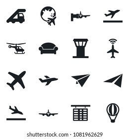 Set of vector isolated black icon - airport tower vector, plane radar, departure, arrival, waiting area, ladder car, boarding, helicopter, flight table, globe, paper, air balloon
