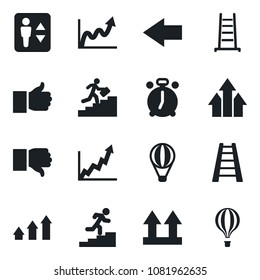 Set of vector isolated black icon - elevator vector, alarm clock, left arrow, ladder, up side sign, finger, down, career, graph, growth, air balloon
