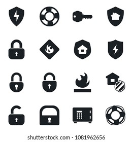 Set of vector isolated black icon - safe vector, lock, flammable, protect, key, estate insurance, home, crisis management