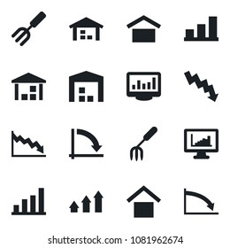 Set of vector isolated black icon - crisis graph vector, garden fork, warehouse storage, monitor statistics, bar, arrow up