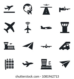 Set of vector isolated black icon - airport tower vector, runway, plane radar, departure, ladder car, boarding, seat map, globe, building, paper