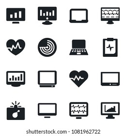 Set of vector isolated black icon - bomb in case vector, radar, notebook pc, statistic monitor, heart pulse, clipboard, tv, statistics