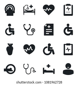 Set of vector isolated black icon - disabled vector, heart pulse, diagnosis, stethoscope, tomography, hospital bed, real, clipboard, patient