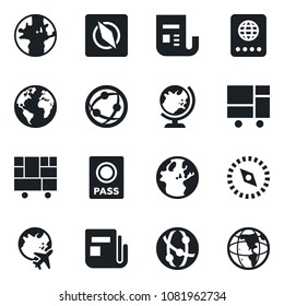Set of vector isolated black icon - passport vector, globe, plane, earth, consolidated cargo, news, network, compass