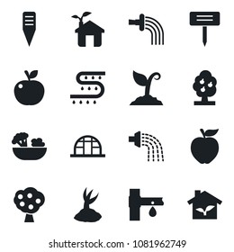 Set of vector isolated black icon - watering vector, sproute, plant label, greenhouse, drip irrigation, fruit tree, salad, apple, eco house