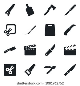 Set of vector isolated black icon - pruner vector, saw, garden knife, axe, scalpel, clapboard, cut, cutting board