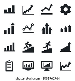Set of vector isolated black icon - growth statistic vector, settings, clipboard, monitor statistics, bar graph, point, career ladder, arrow up