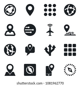 Set of vector isolated black icon - plane radar vector, route, navigation, pin, mobile tracking, network, menu, compass