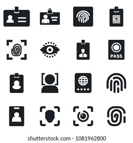 Set of vector isolated black icon - passport vector, identity, card, face id, eye, fingerprint, pass