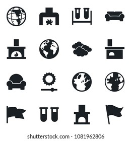 Set of vector isolated black icon - clouds vector, fireplace, blood test vial, earth, brightness, cushioned furniture, flag