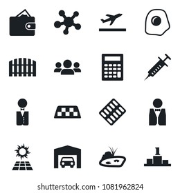 Set of vector isolated black icon - taxi vector, departure, syringe, pills blister, share, pond, garage, fence, waiter, omelette, sun panel, group, wallet, calculator, pedestal